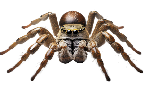 Close-up macro shot of hairy brown tarantula isolated on transparency background