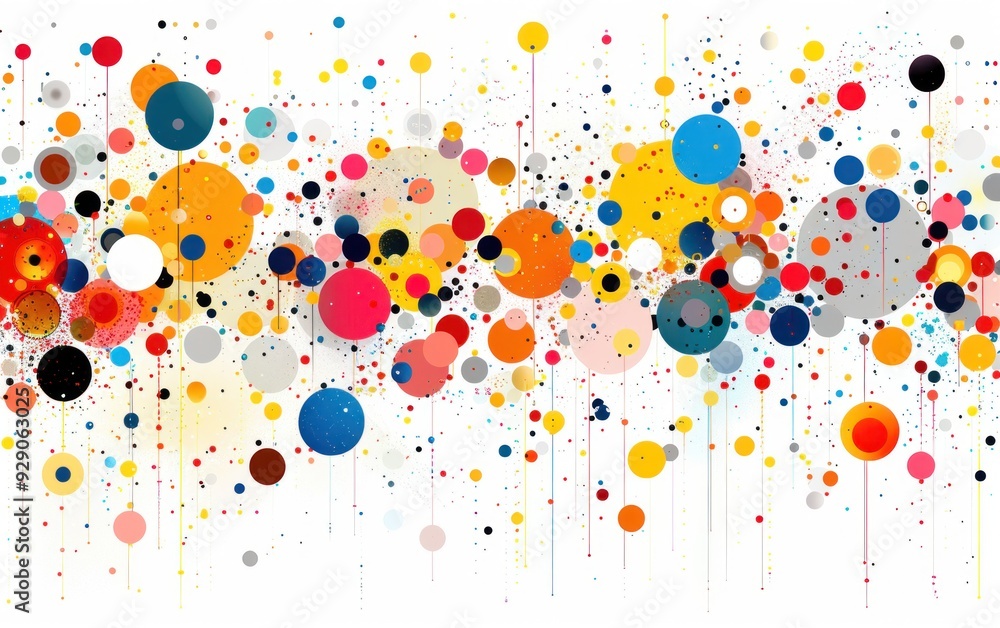 Poster abstract art with colorful circles and lines against a white background