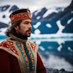  "Elegance in the Ice: A Man in Embroidered Splendor Amidst Antarctica's Frozen Beauty"