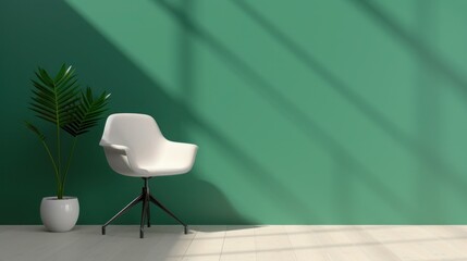 Modern Minimalist Interior with White Chair and Green Wall in Sunlit Room Featuring Potted Plant