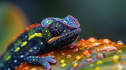 Chameleon on dewy leaf amid colorful backdrop