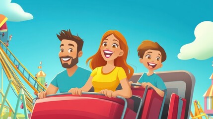 Fototapeta premium A family laughs together while riding a roller coaster, experiencing the excitement of the amusement park