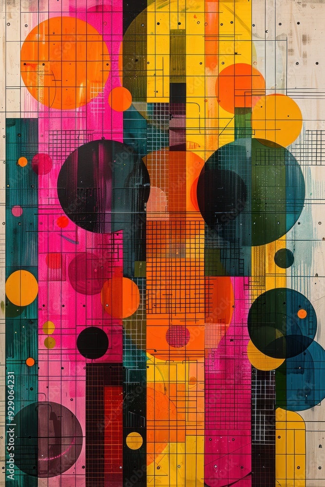 Poster overlapping circles and grid patterns in vibrant colors