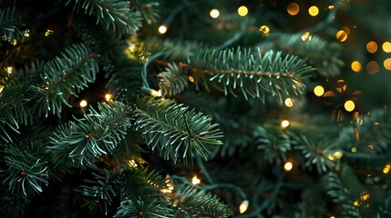 Close-up of illuminated pine branches, creating a festive and inviting holiday atmosphere.