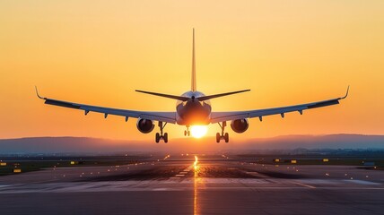 Obraz premium Airplane takeoff, sunrise burst, clear skies, tarmac in view