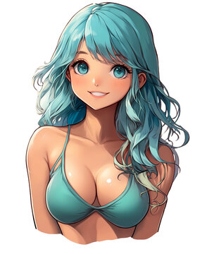 Chica sonriente con cabello azul y bikini en un fondo minimalista