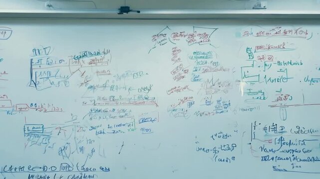 Math equations and notes on a whiteboard in a study room during evening hours