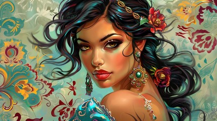 Naklejka premium A vibrant, artistic portrait of a beautiful woman surrounded by floral patterns, showcasing intricate details and rich colors.