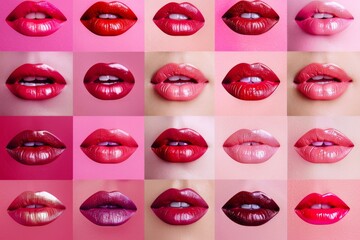 A grid of vibrant lips, each in different shades of red and pink, showcasing a variety of lipstick colors with glossy finishes.