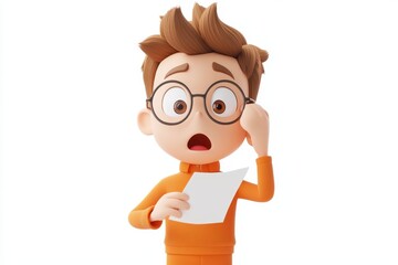 Fototapeta premium Curious 3D Cartoon Character Looking Confused While Holding Paper and Scratching Head Against White Background