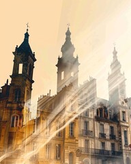 Naklejka premium Montpellier Skyline Beige Double Exposure Composite Art Poster - A building with towers and a light shining through