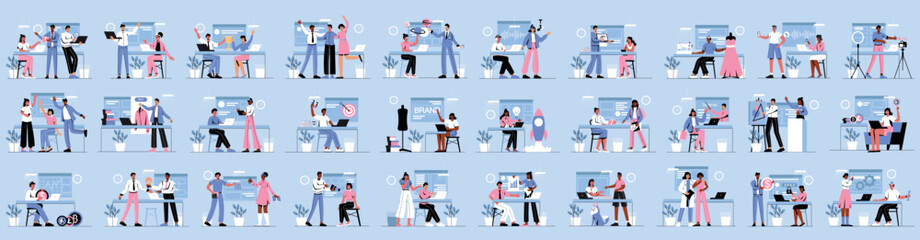 Bundle of blue background concepts with people scene in flat cartoon design. A massive collection of bright illustrations with various life situations with white elements. Vector illustration.