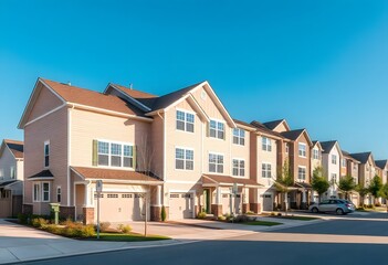 Obraz premium A row of modern townhouses with beige siding, blue shutters, and attached garages. The houses are set against a clear blue sky