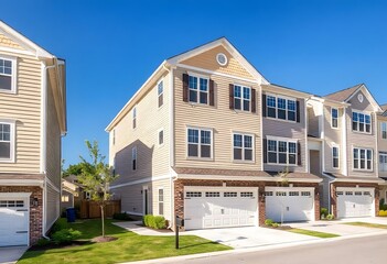 A row of modern townhouses with beige siding, blue shutters, and attached garages. The houses are set against a clear blue sky