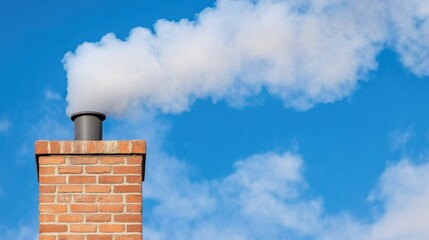 A modern chimney exhaling smoke against a bright blue sky above a townhouse rooftop