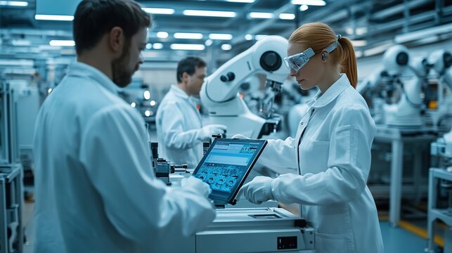 industrial factory with engineers use a touchscreen interface to manage a series of precision robotic arms in a modern automated factory