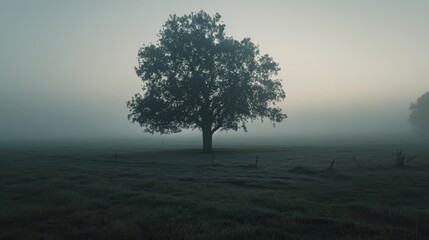 Obraz premium Dramatic silhouette of a tree in a foggy field at dawn