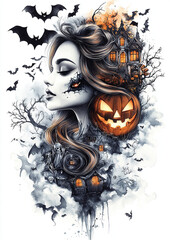 Watercolor Beautiful Halloween Witch