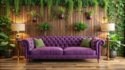 Obraz premium Richly upholstered purple sofa nestled against a warm wooden wall, surrounded by lush greenery, creating a cozy and luxurious living room atmosphere.