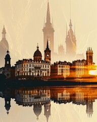 Fototapeta premium Nice Enchanting Skyline Double Exposure - A city with a reflection of the sun
