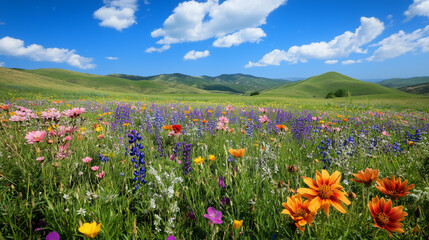 Fototapeta premium A colorful field of wildflowers in spring, with rolling hills and a bright blue sky, capturing the essence of nature's renewal.