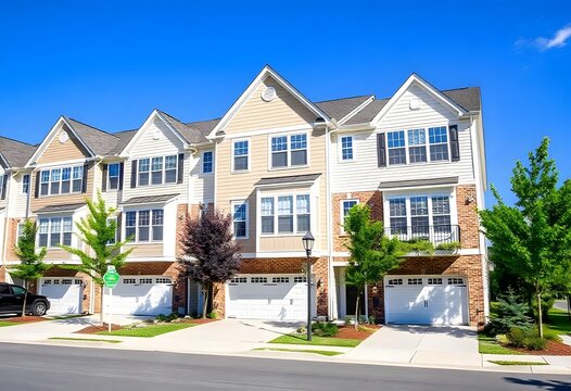 A row of modern townhouses with beige siding, blue shutters, and attached garages. The houses are set against a clear blue sky