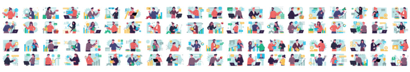Bundle of color concepts with people scene in flat cartoon design. A big collection of scenes with men and women in various situations. Vector illustration.