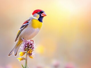 Fototapeta premium Colorful bird perched on a flower under soft morning light in a tranquil garden