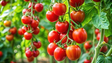 Ripe red tomatoes hang from the stem, surrounded by lush green vine leaves and delicate tendrils, evoking a sense of summer freshness and organic abundance.