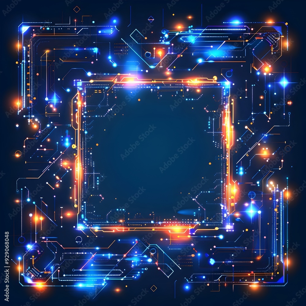 Poster futuristic tech frame with glowing digital circuit patterns for technology themed concepts