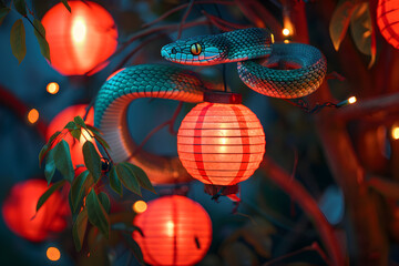 Fototapeta premium Background with New Year decoration and snake in Santa Claus hat, symbol of 2025.