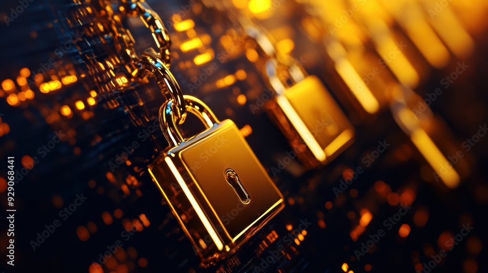 Poster golden padlock securing data on a reflective surface. symbolizes cybersecurity, data protection, and