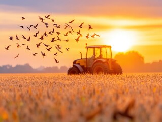 Fototapeta premium Golden hour over fields as a tractor tilling soil stirs birds into flight at sunset