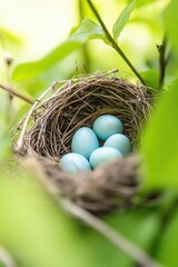 Obraz premium Nest of blue eggs hidden among fresh green leaves in a tranquil spring setting