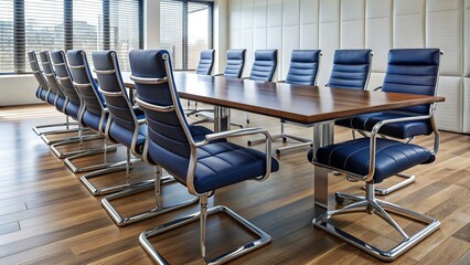 Row of empty, sleek, silver framed chairs with navy blue cushions arranged in a large, modern conference room with a polished wooden table.