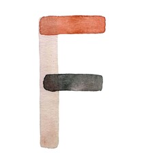 Handcrafted watercolor uppercase 'F' in warm earth tones, featuring soft beige, burnt sienna, and deep charcoal. Ideal for artistic designs, typography, and creative projects