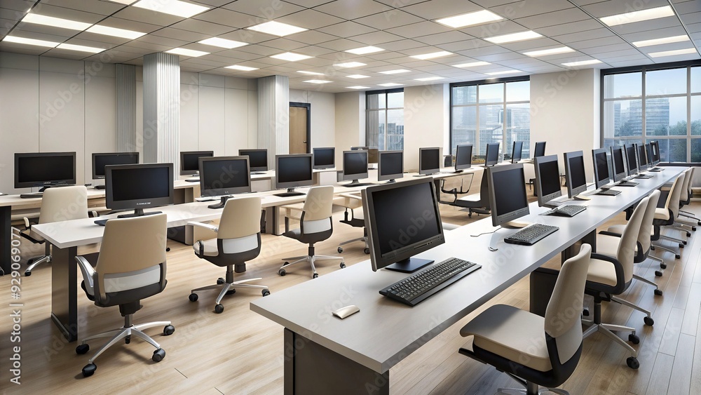 Poster rows of computers lining a modern testing center, multiple monitors displaying various assessment sc