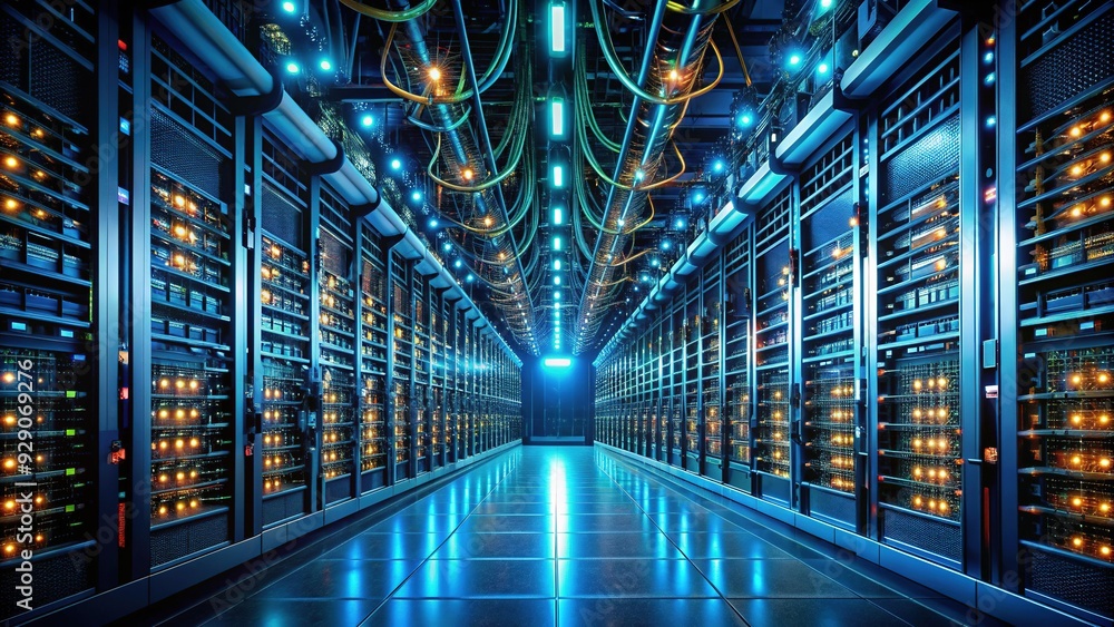 Poster rows of humming servers and blinking lights illuminate a large, modern data center with a network of