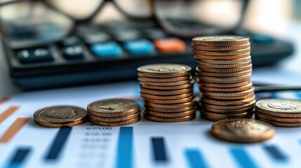 Stacks of Coins with Financial Documents and Calculator. Stacks of coins placed on financial documents with a blurred calculator in the background, symbolizing financial strategy and budgeting.