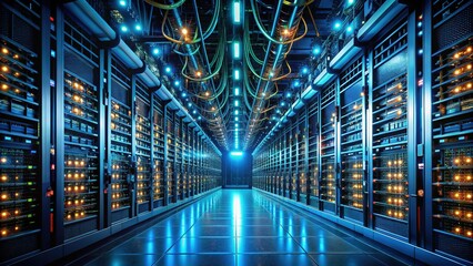  Rows of humming servers and blinking lights illuminate a large, modern data center with a network of cables and futuristic machinery in a darkened room.