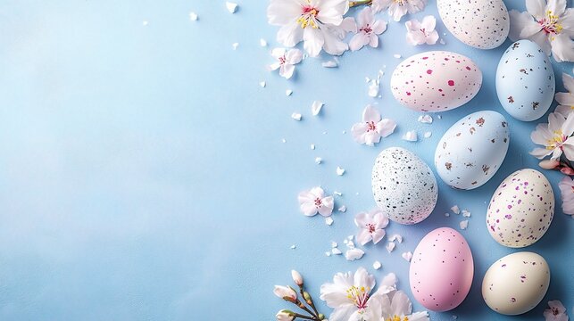 Easter Eggs and Blossoms: Delicate pastel Easter eggs nestled among delicate pink blossoms on a light blue background, creating a festive springtime scene. 