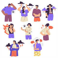 Negative Emotion with Man and Woman Express Feeling Vector Set