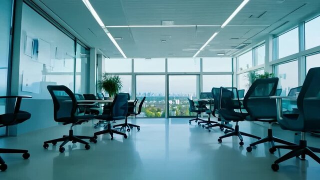 Modern office workspace with large windows and chairs overlooking the city skyline