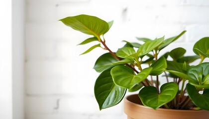 A potted green plant with large, lush leaves against a white brick wall background