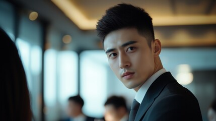 A young Chinese businessman attentively engages in a meeting, looking towards his colleagues in a sophisticated office environment.