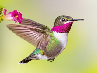 A vibrant hummingbird hovering near a colorful flower in a serene garden