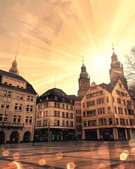 Obraz premium Stuttgart Skyline Poster: Icon Silhouette Composite Art - A sun shining through buildings
