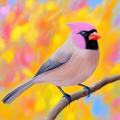 Fototapeta premium A vibrant pink-capped bird perched on a branch amidst a colorful autumn background
