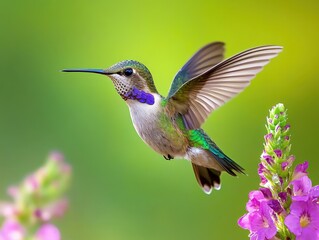 Fototapeta premium Hummingbird gracefully hovering near vibrant flowers on a sunny day