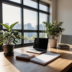 Fototapeta premium Minimalist office with open laptop, coffee mug, and plant, bathed in natural light.